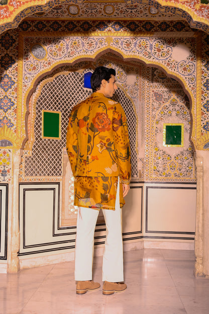 YELLOW HIGHLIGHTED BUNDI WITH ORGANZA PRINTED KURTA PURTIN & CUFF EMB WITH BEIGE FLAIR PANT