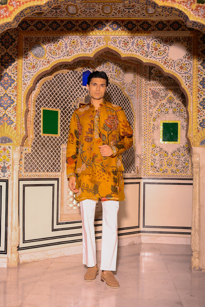 YELLOW HIGHLIGHTED BUNDI WITH ORGANZA PRINTED KURTA PURTIN & CUFF EMB WITH BEIGE FLAIR PANT