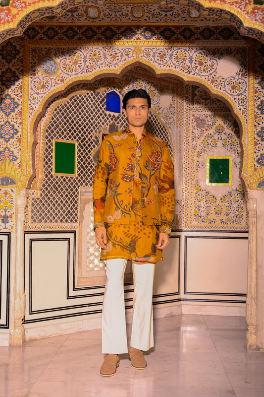 YELLOW HIGHLIGHTED BUNDI WITH ORGANZA PRINTED KURTA PURTIN & CUFF EMB WITH BEIGE FLAIR PANT