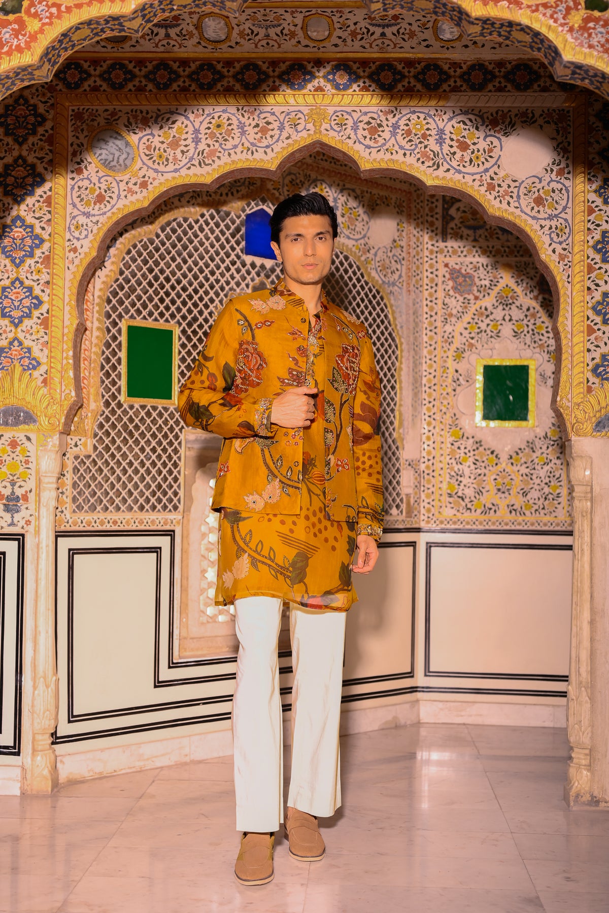 YELLOW HIGHLIGHTED BUNDI WITH ORGANZA PRINTED KURTA PURTIN & CUFF EMB WITH BEIGE FLAIR PANT