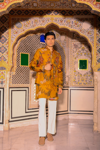 YELLOW HIGHLIGHTED BUNDI WITH ORGANZA PRINTED KURTA PURTIN & CUFF EMB WITH BEIGE FLAIR PANT