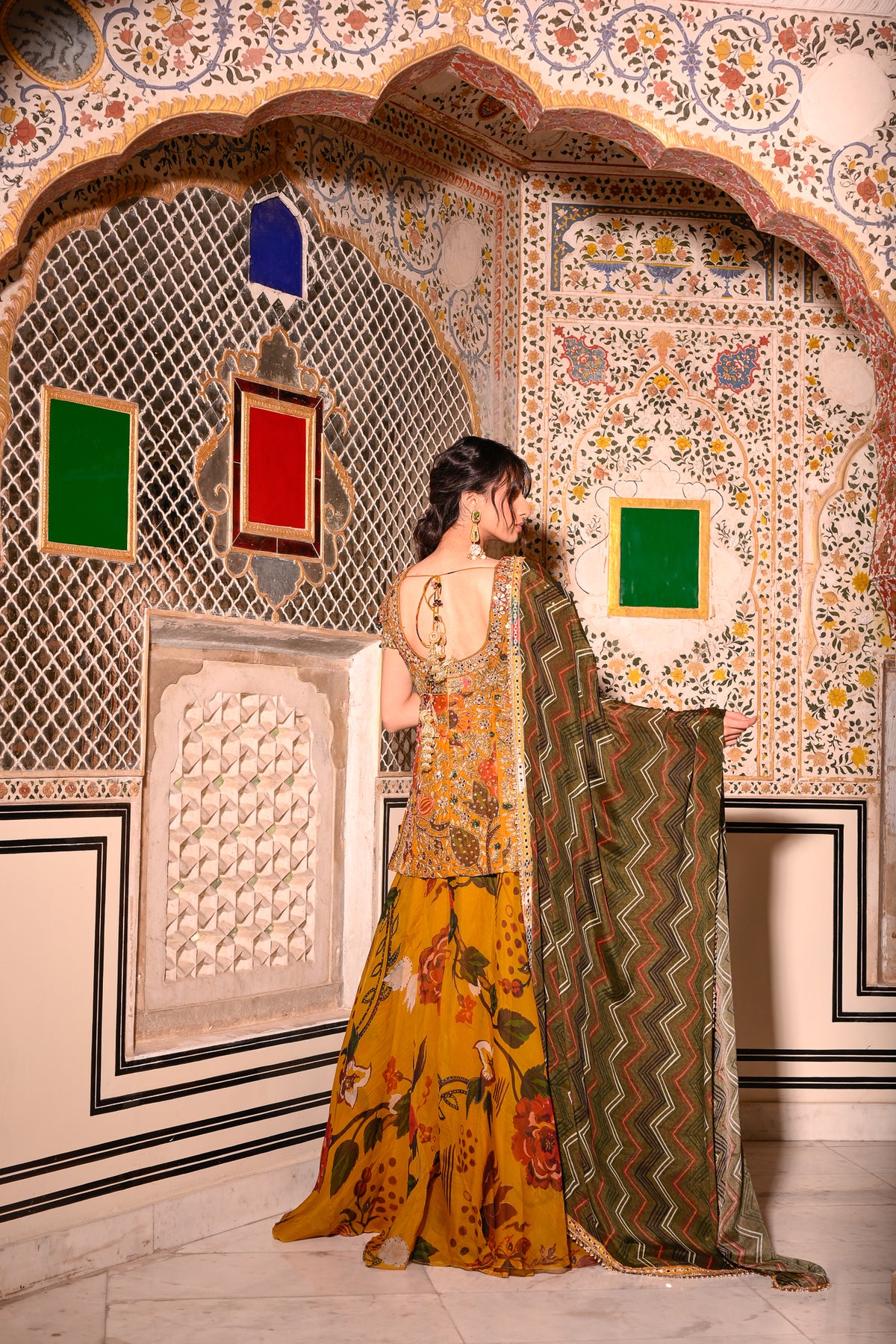 EMB KURTA PAIRED WITH PRINTED LEHENGA & DUPATTA