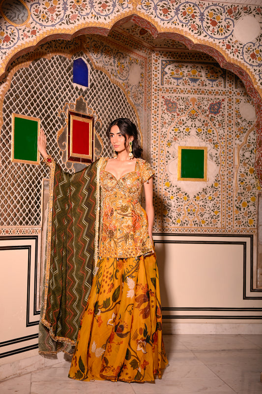 EMB KURTA PAIRED WITH PRINTED LEHENGA & DUPATTA
