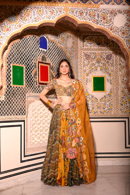 HIGHLIGHTED DUEL LEHENGA EMB BLOUSE APPLIQUE DUPATTA