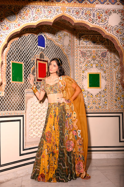 HIGHLIGHTED DUEL LEHENGA EMB BLOUSE APPLIQUE DUPATTA