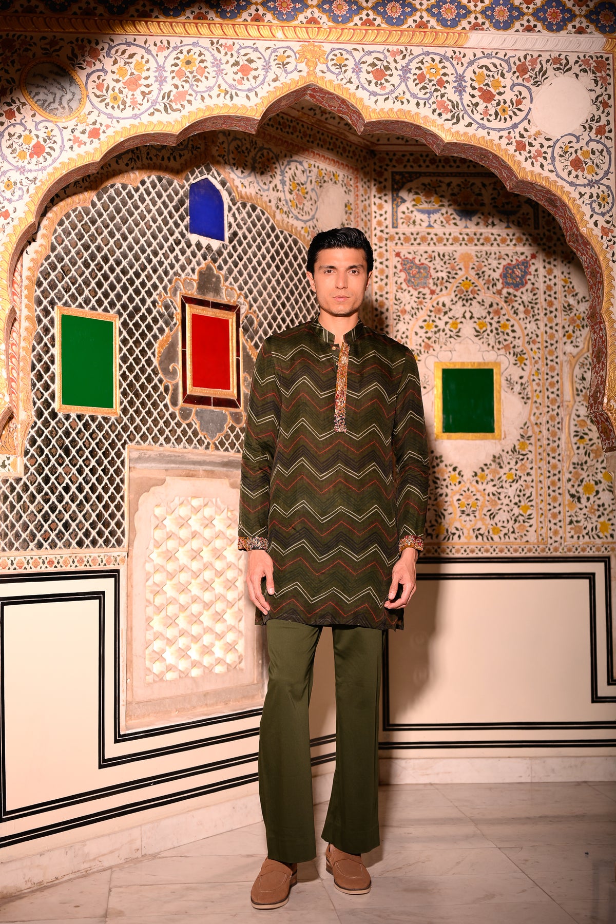 PRINTED ORGANZA KURTA WITH GREEN FLAIR PANT