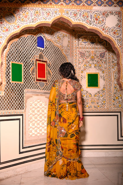 EMB BLOUSE WITH HIGHLIGHTED OPEN PALLA PRE DRAPE SAREE