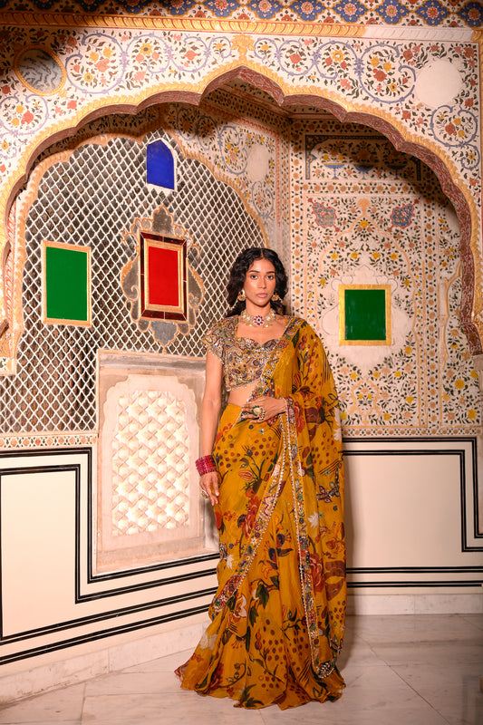 EMB BLOUSE WITH HIGHLIGHTED OPEN PALLA PRE DRAPE SAREE