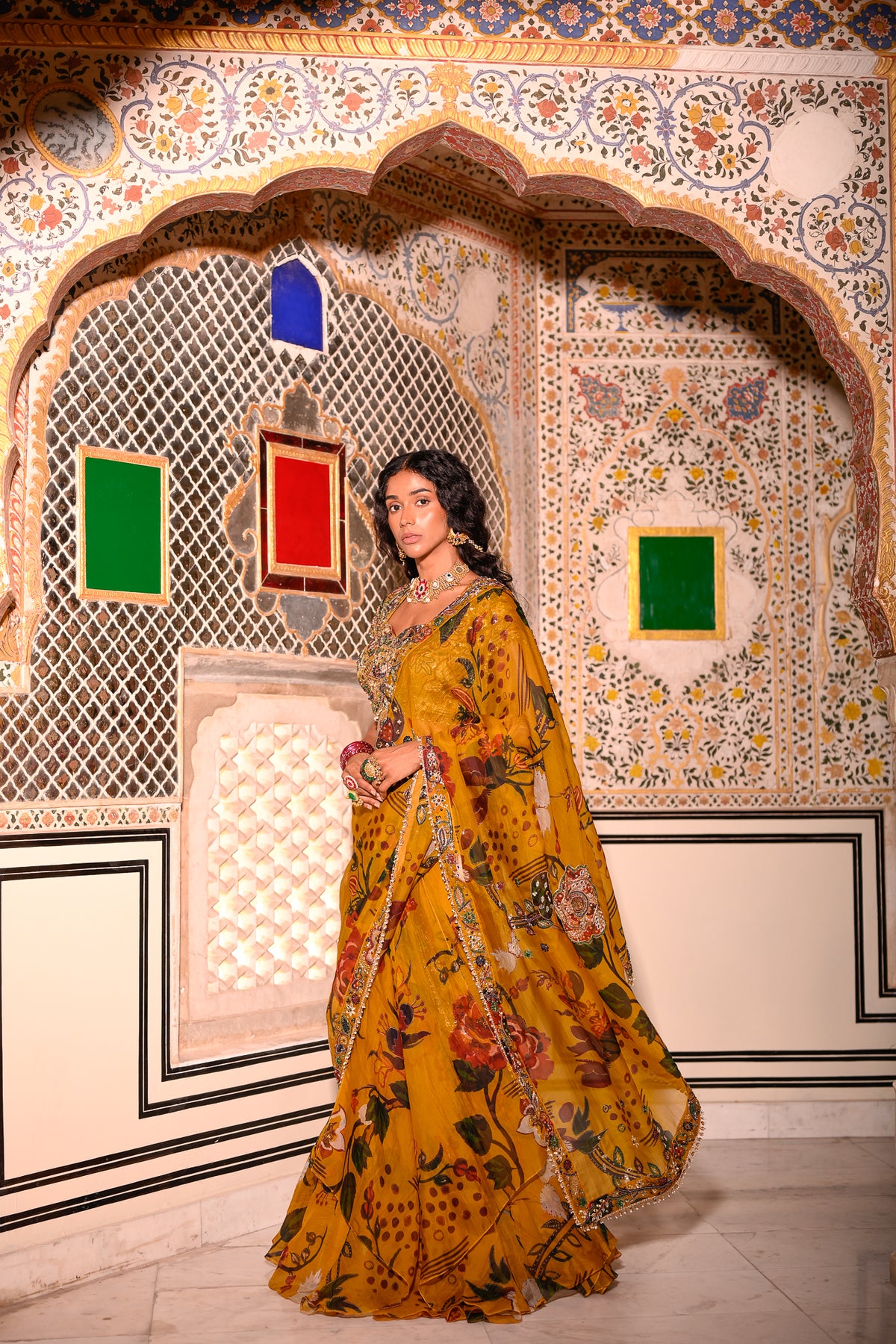 EMB BLOUSE WITH HIGHLIGHTED OPEN PALLA PRE DRAPE SAREE