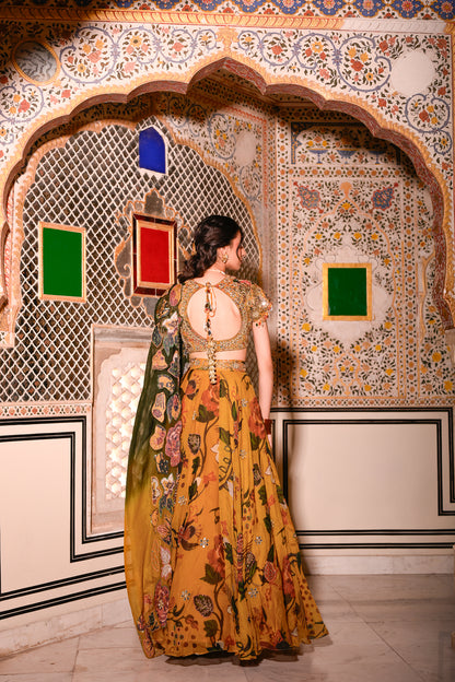 EMB BLOUSE PAIRED WITH HIGHLIGHTED LEHENGA WITH APPLIQUE DUEL CAPE