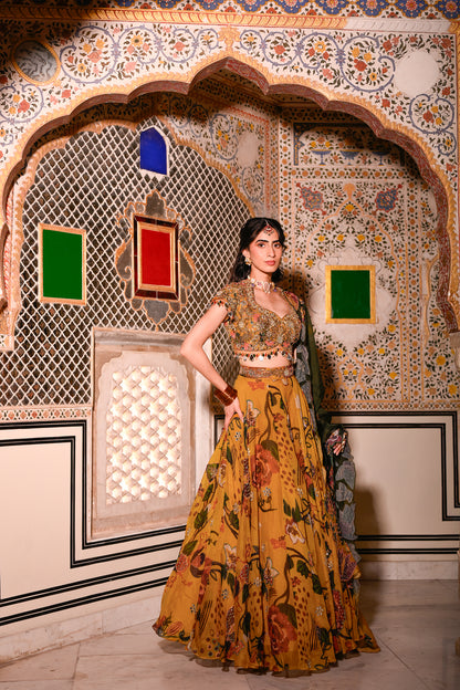 EMB BLOUSE PAIRED WITH HIGHLIGHTED LEHENGA WITH APPLIQUE DUEL CAPE