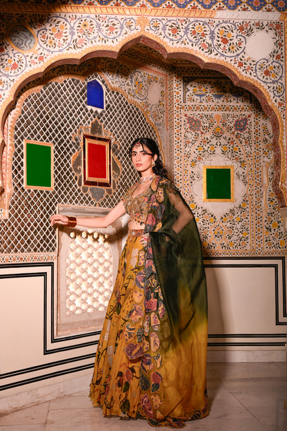 EMB BLOUSE PAIRED WITH HIGHLIGHTED LEHENGA WITH APPLIQUE DUEL CAPE