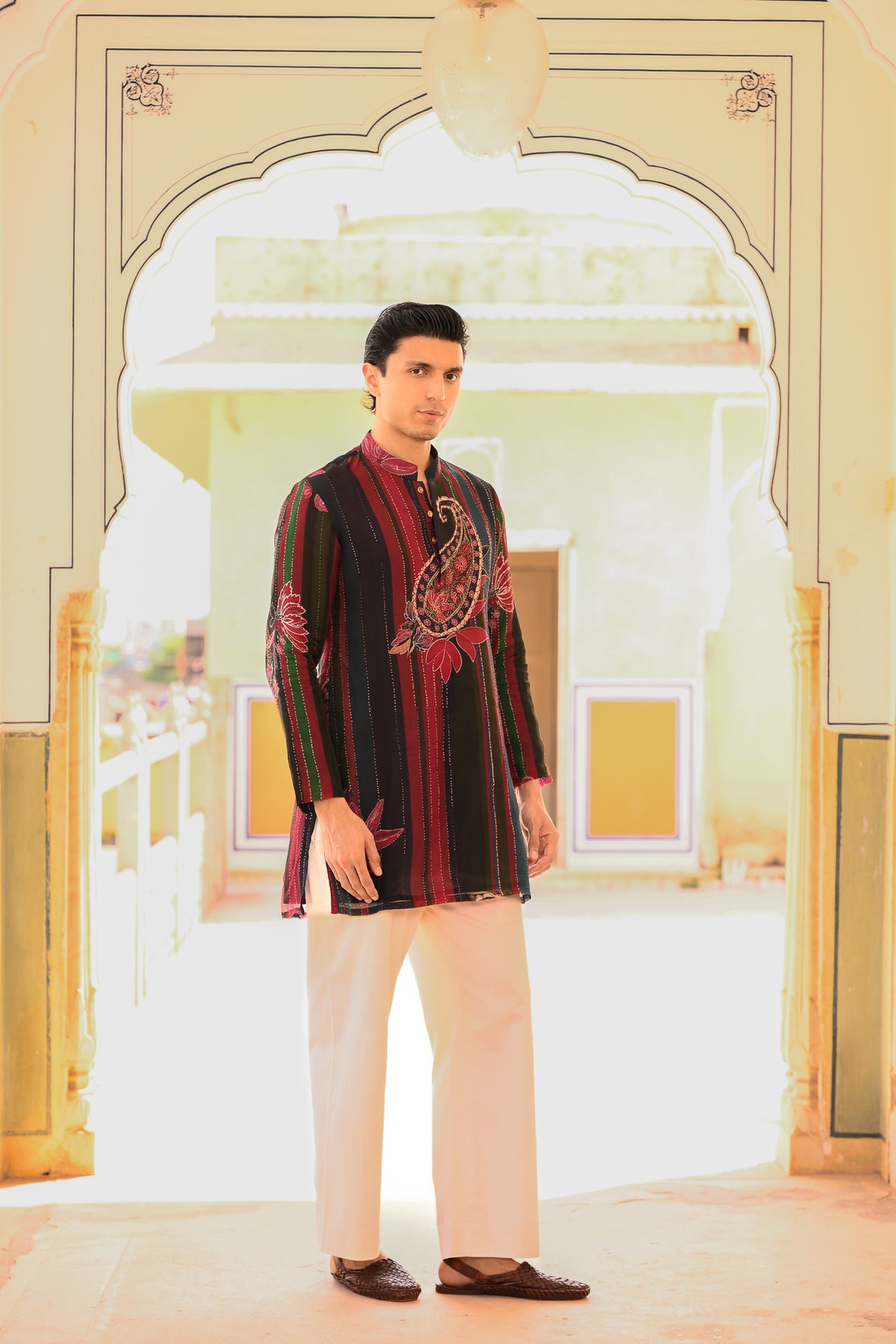 PRINTED ORGANZA KURTA WITH BEIGE STRAIGHT PANT