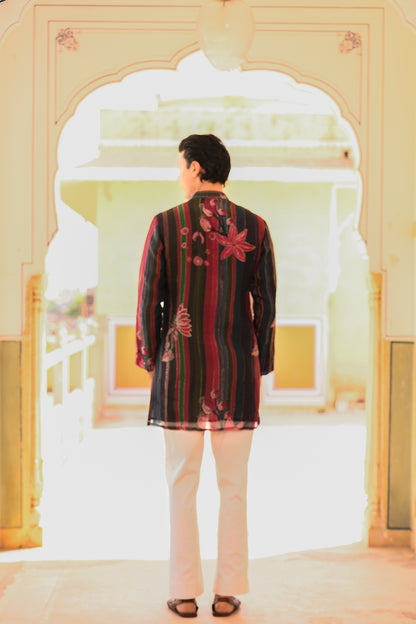 PRINTED ORGANZA KURTA WITH BEIGE STRAIGHT PANT