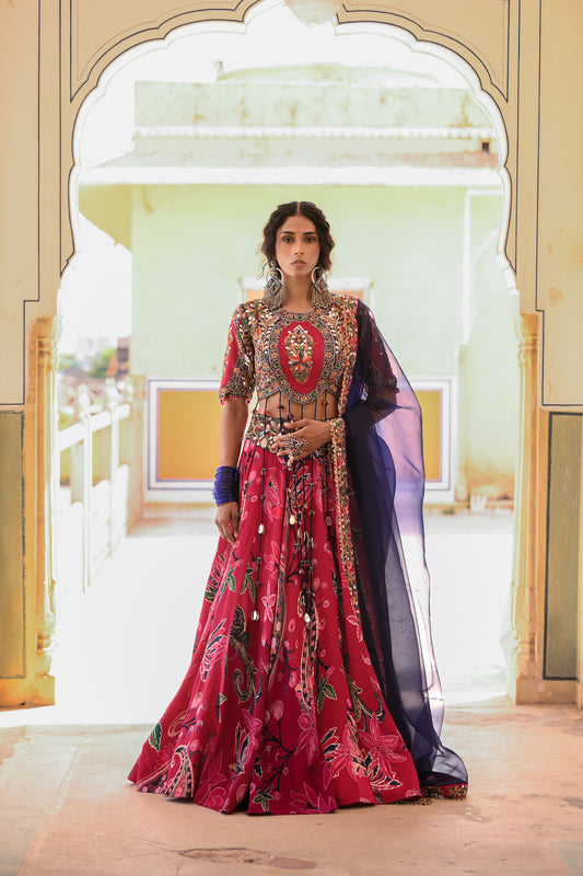 EMB TASSLE BLOUSE WITH PRINTED LEHENGA WORK ON BELT WITH DUPATTA