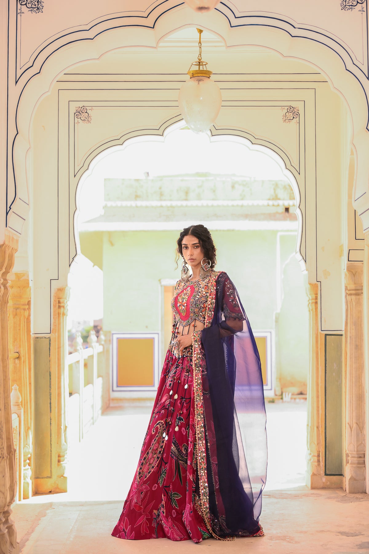 EMB TASSLE BLOUSE WITH PRINTED LEHENGA WORK ON BELT WITH DUPATTA
