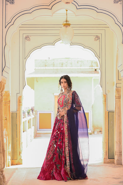 EMB TASSLE BLOUSE WITH PRINTED LEHENGA WORK ON BELT WITH DUPATTA