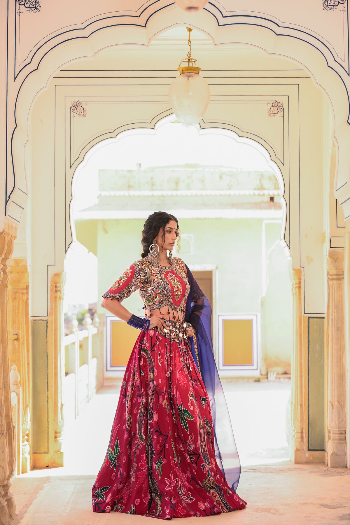 EMB TASSLE BLOUSE WITH PRINTED LEHENGA WORK ON BELT WITH DUPATTA