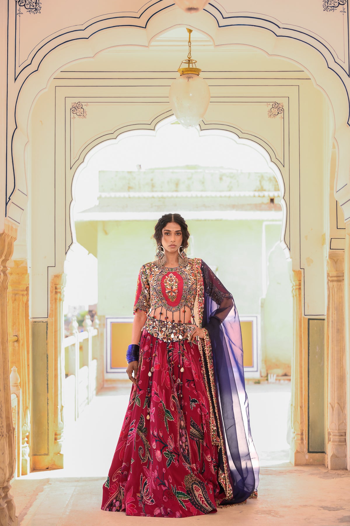 EMB TASSLE BLOUSE WITH PRINTED LEHENGA WORK ON BELT WITH DUPATTA