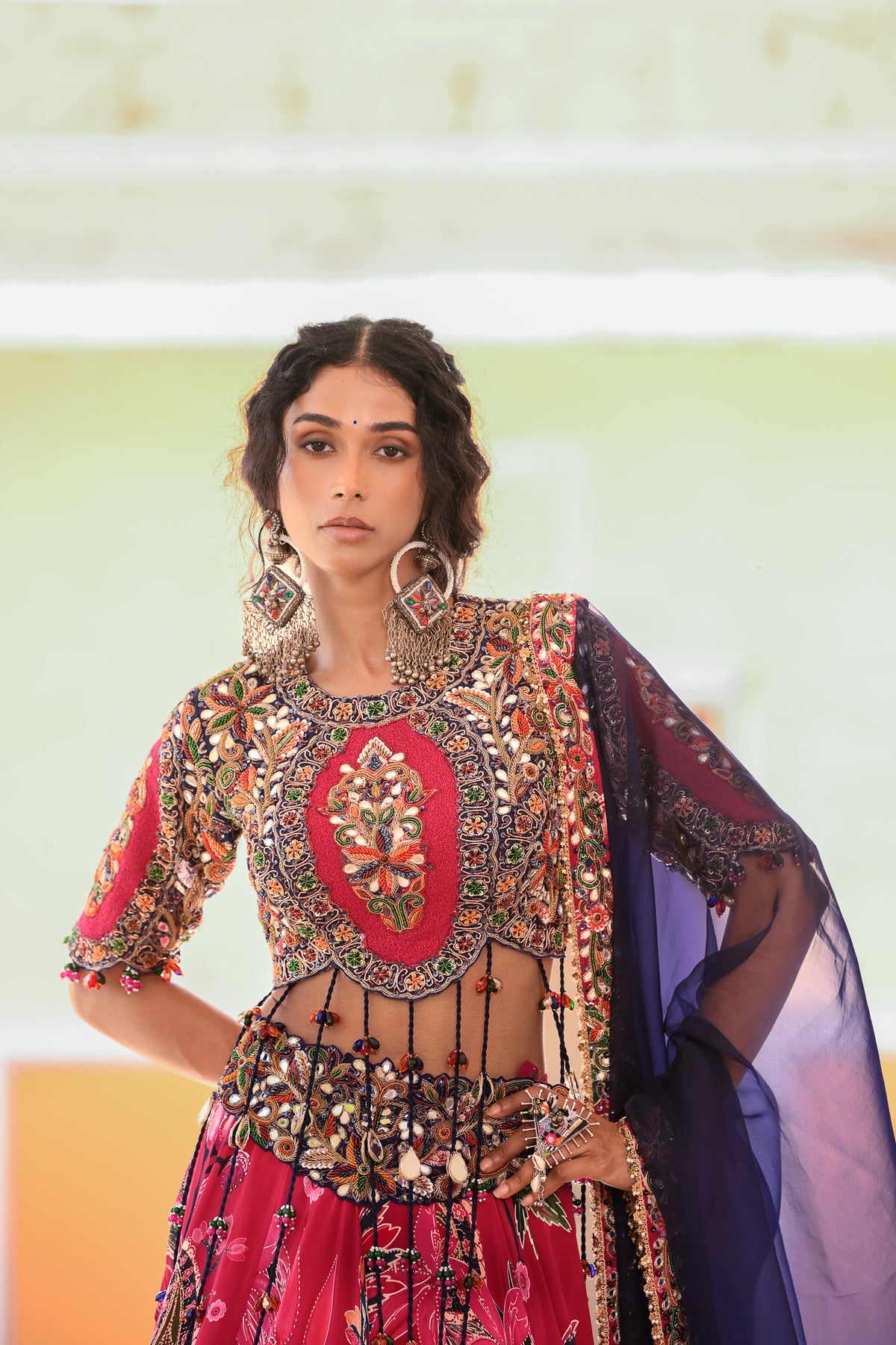 EMB TASSLE BLOUSE WITH PRINTED LEHENGA WORK ON BELT WITH DUPATTA