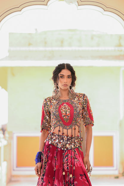 EMB TASSLE BLOUSE WITH PRINTED LEHENGA WORK ON BELT