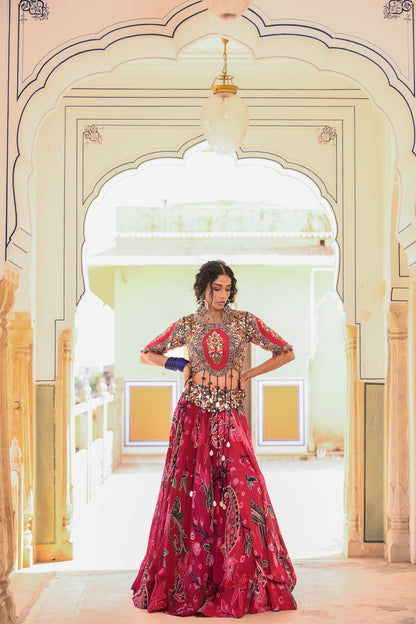 EMB TASSLE BLOUSE WITH PRINTED LEHENGA WORK ON BELT