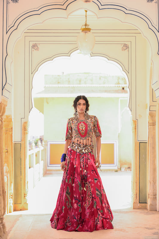 EMB TASSLE BLOUSE WITH PRINTED LEHENGA WORK ON BELT