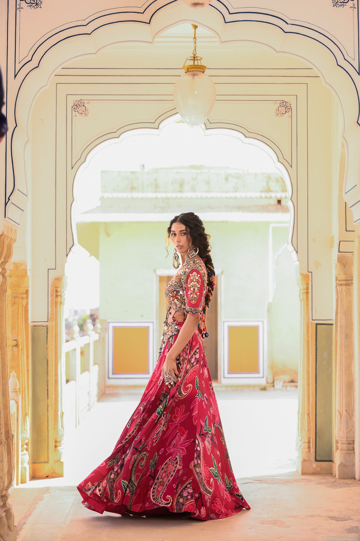 EMB TASSLE BLOUSE WITH PRINTED LEHENGA WORK ON BELT