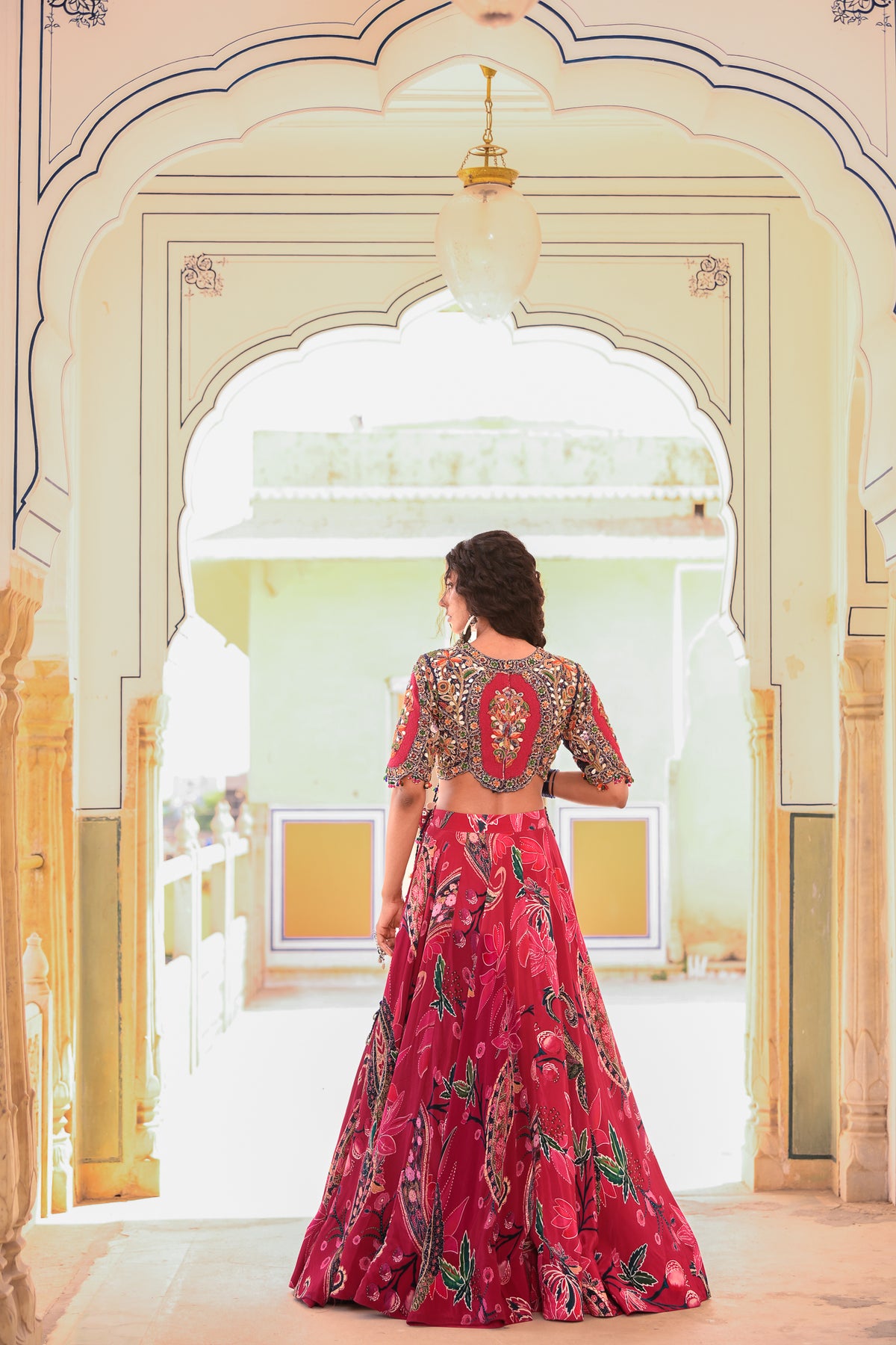 EMB TASSLE BLOUSE WITH PRINTED LEHENGA WORK ON BELT