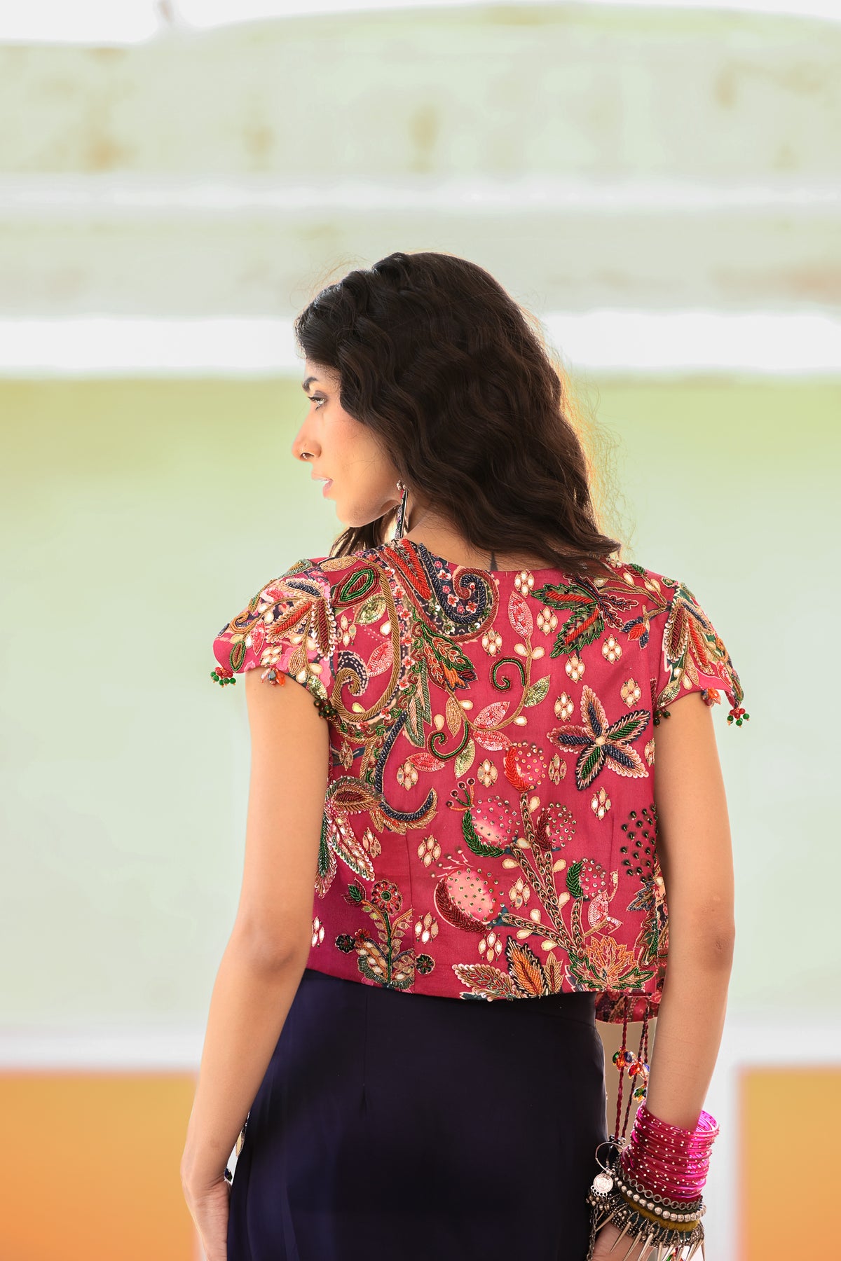EMB TASSLE JACKET WITH EMB BRALATTE + COWL SKIRT