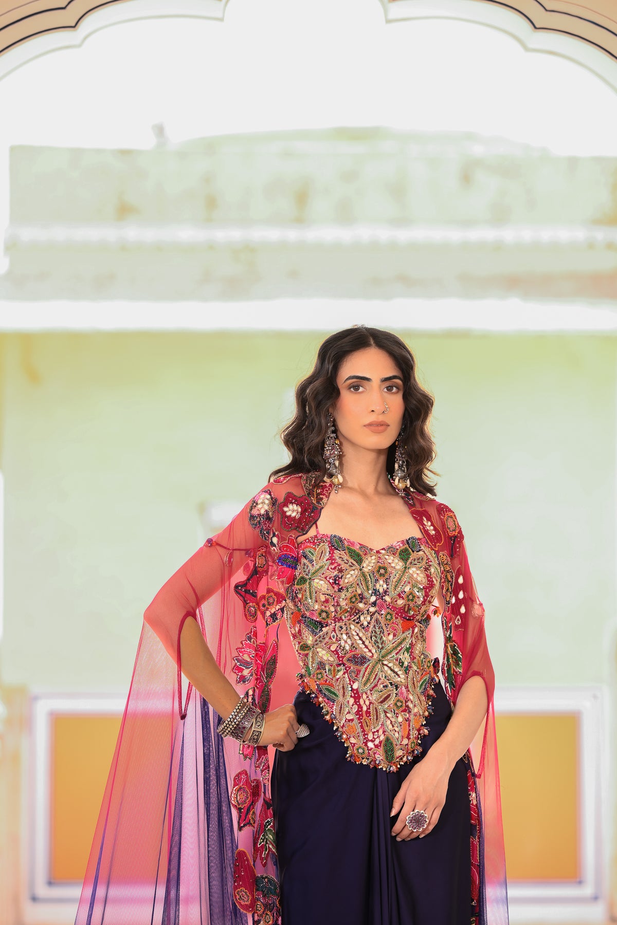 EMB CORSET WITH COWL SKIRT WITH DUAL APPLIQUE CAPE