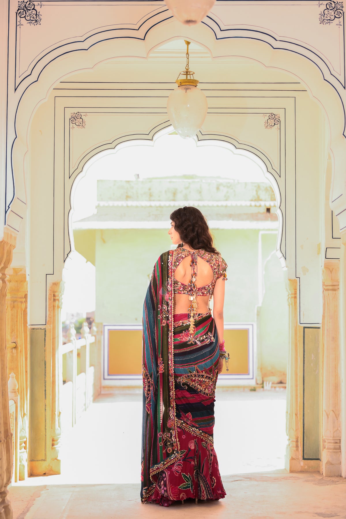 PRESTICHED SAREE WITH HIGHLIGHTED OPEN PALLA EMB BLOUSE