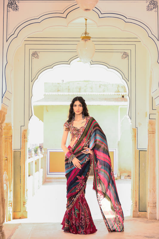PRESTICHED SAREE WITH HIGHLIGHTED OPEN PALLA EMB BLOUSE