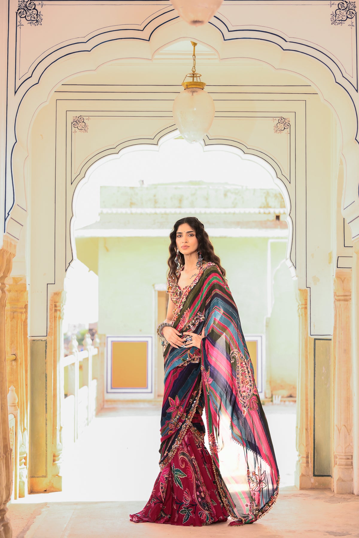 PRESTICHED SAREE WITH HIGHLIGHTED OPEN PALLA EMB BLOUSE
