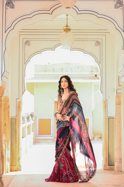PRESTICHED SAREE WITH HIGHLIGHTED OPEN PALLA EMB BLOUSE
