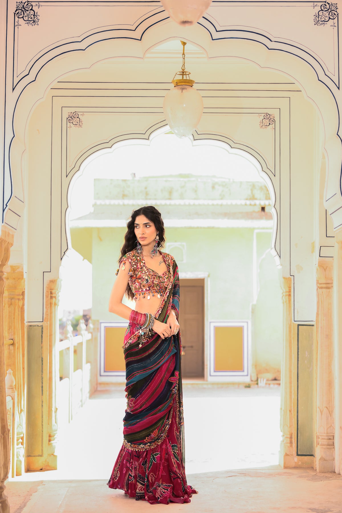 PRESTICHED SAREE WITH HIGHLIGHTED OPEN PALLA EMB BLOUSE