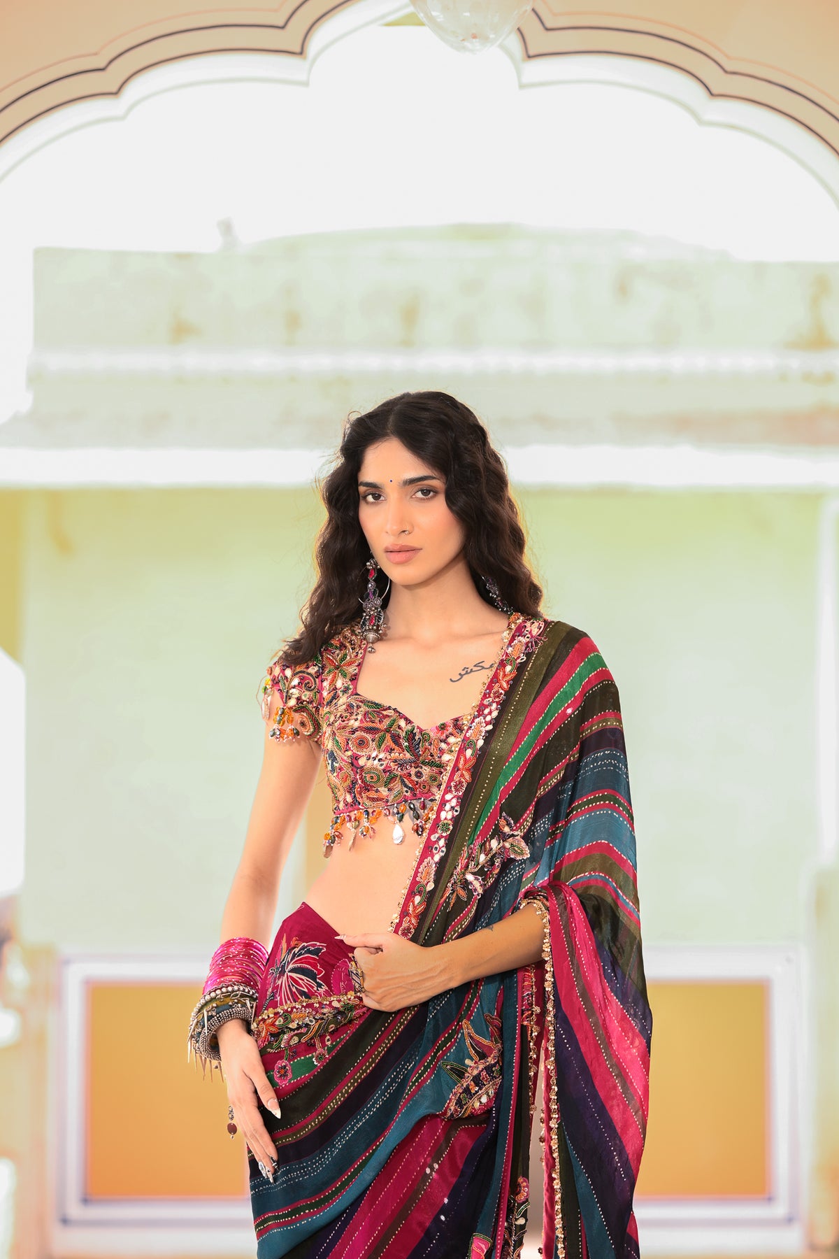 PRESTICHED SAREE WITH HIGHLIGHTED OPEN PALLA EMB BLOUSE