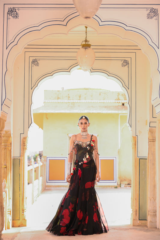 PRISTICHED TASSLE PALLA SAREE WITH CORSET