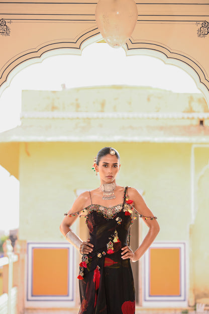 PRISTICHED TASSLE PALLA SAREE WITH CORSET