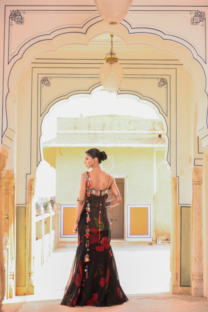 PRISTICHED TASSLE PALLA SAREE WITH CORSET