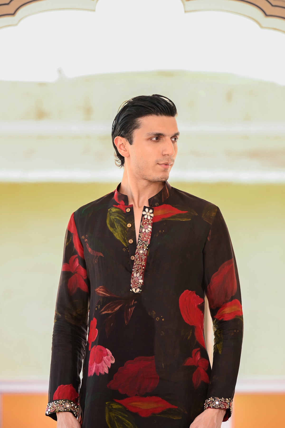 BLACK ORGANZA KURTA WITH PURTIN & CUFF EMB WITH FLAIR BLACK PANT