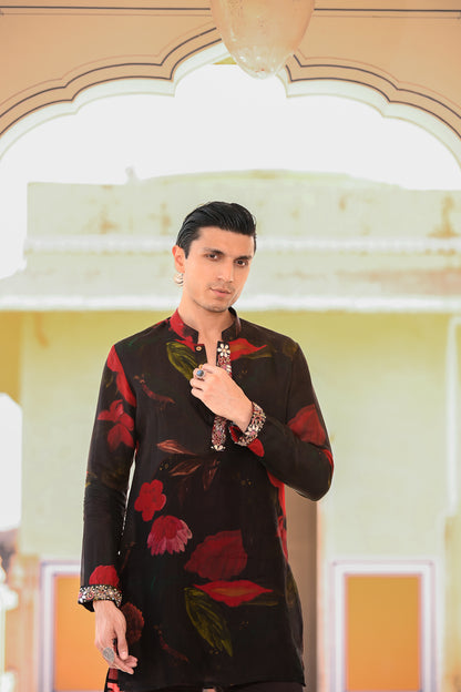 BLACK ORGANZA KURTA WITH PURTIN & CUFF EMB WITH FLAIR BLACK PANT