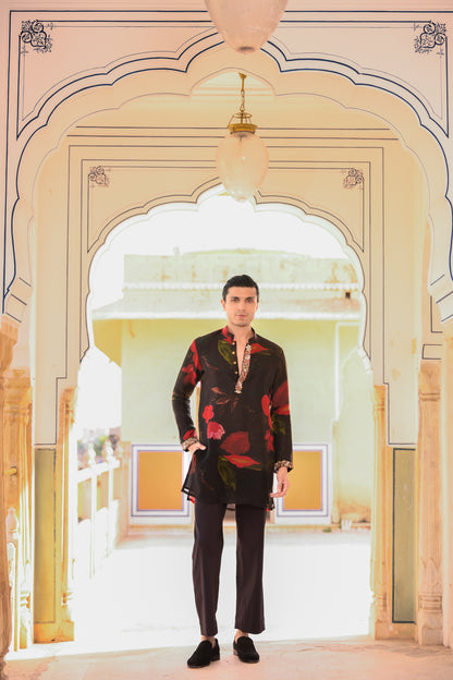 BLACK ORGANZA KURTA WITH PURTIN & CUFF EMB WITH FLAIR BLACK PANT