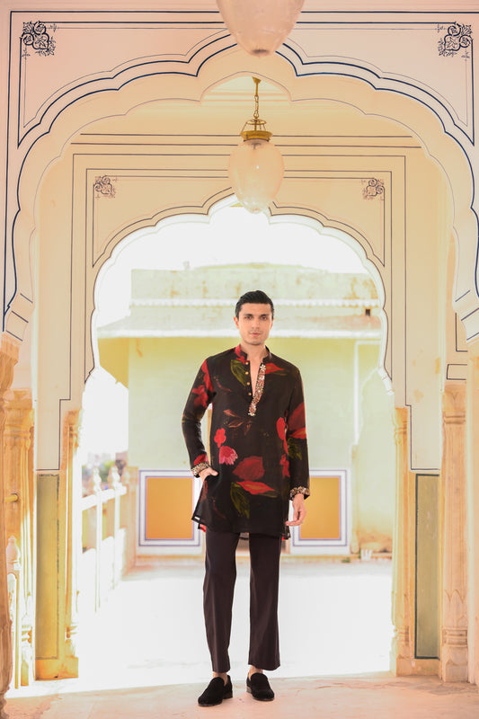 BLACK ORGANZA KURTA WITH PURTIN & CUFF EMB WITH FLAIR BLACK PANT