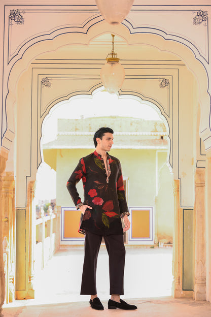 BLACK ORGANZA KURTA WITH PURTIN & CUFF EMB WITH FLAIR BLACK PANT
