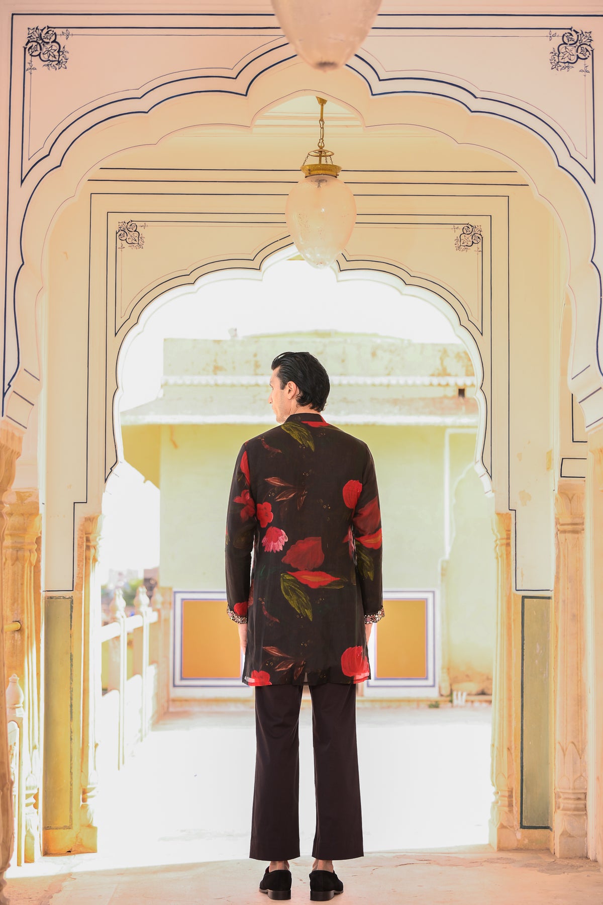 BLACK ORGANZA KURTA WITH PURTIN & CUFF EMB WITH FLAIR BLACK PANT