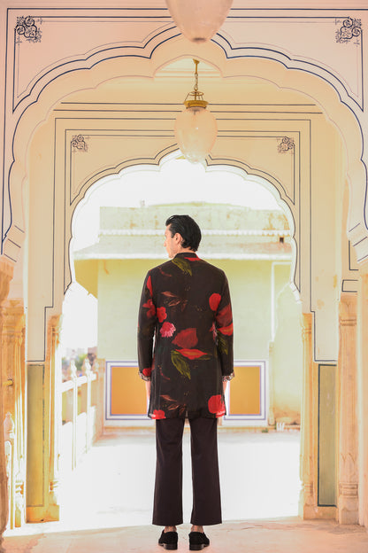 BLACK ORGANZA KURTA WITH PURTIN & CUFF EMB WITH FLAIR BLACK PANT