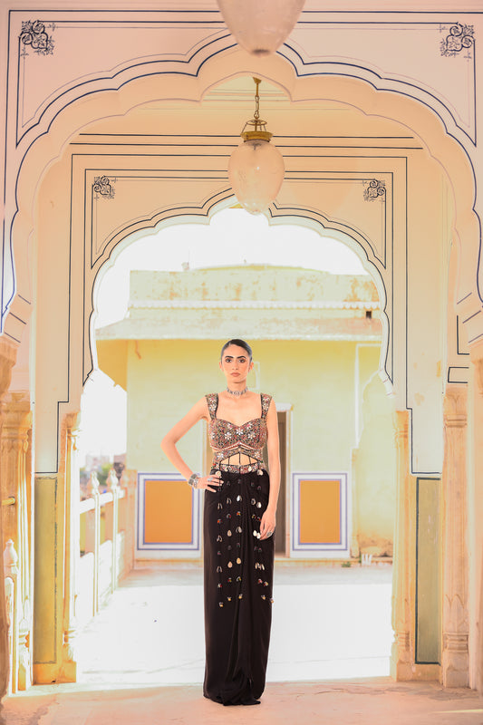 EMB TASSLE CROP TOP PAIRED WITH COWL SKIRT