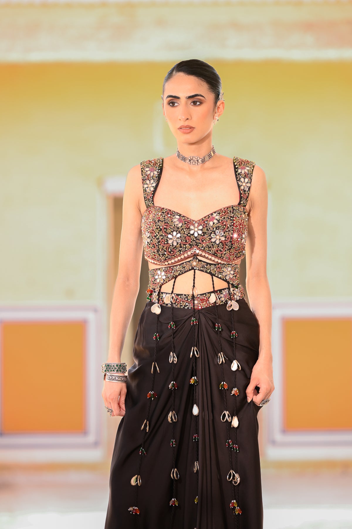 EMB TASSLE CROP TOP PAIRED WITH COWL SKIRT
