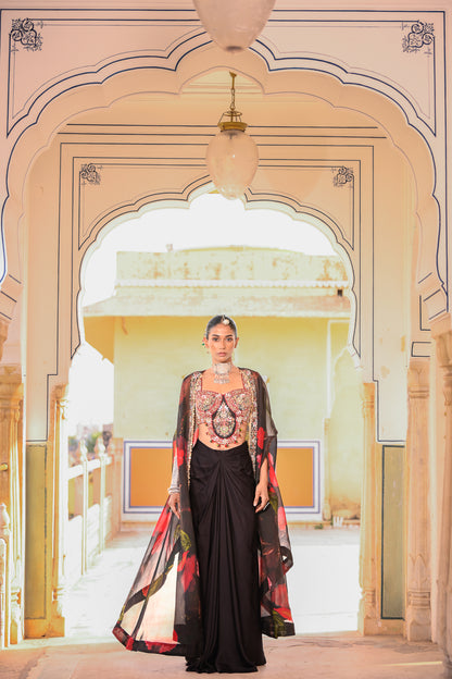 EMB BRALATTE PAIRED WITH COWL SKIRT PRINTED CAPE